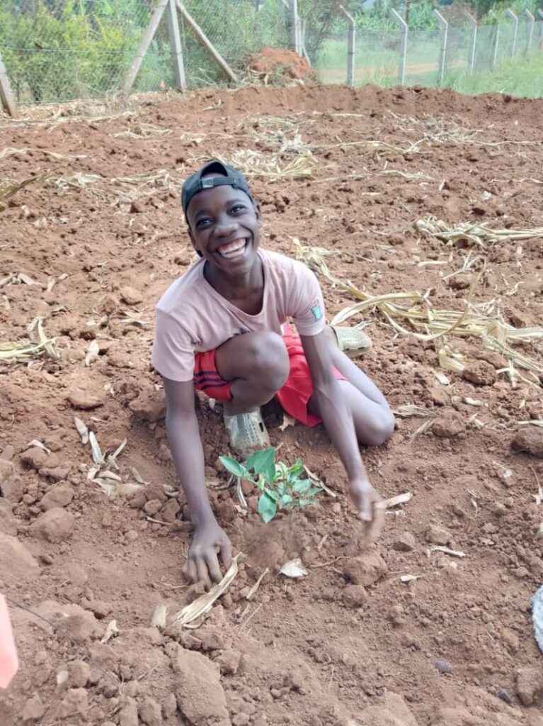 A boy is kneeling on the ground in front of a seedling he has just planted. He is looking up and smiling broadly at the camera.